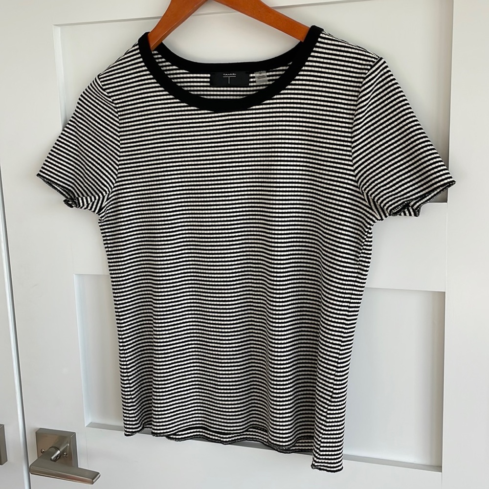 Tahari ladies shirt, size medium. Black and ivory stripe.